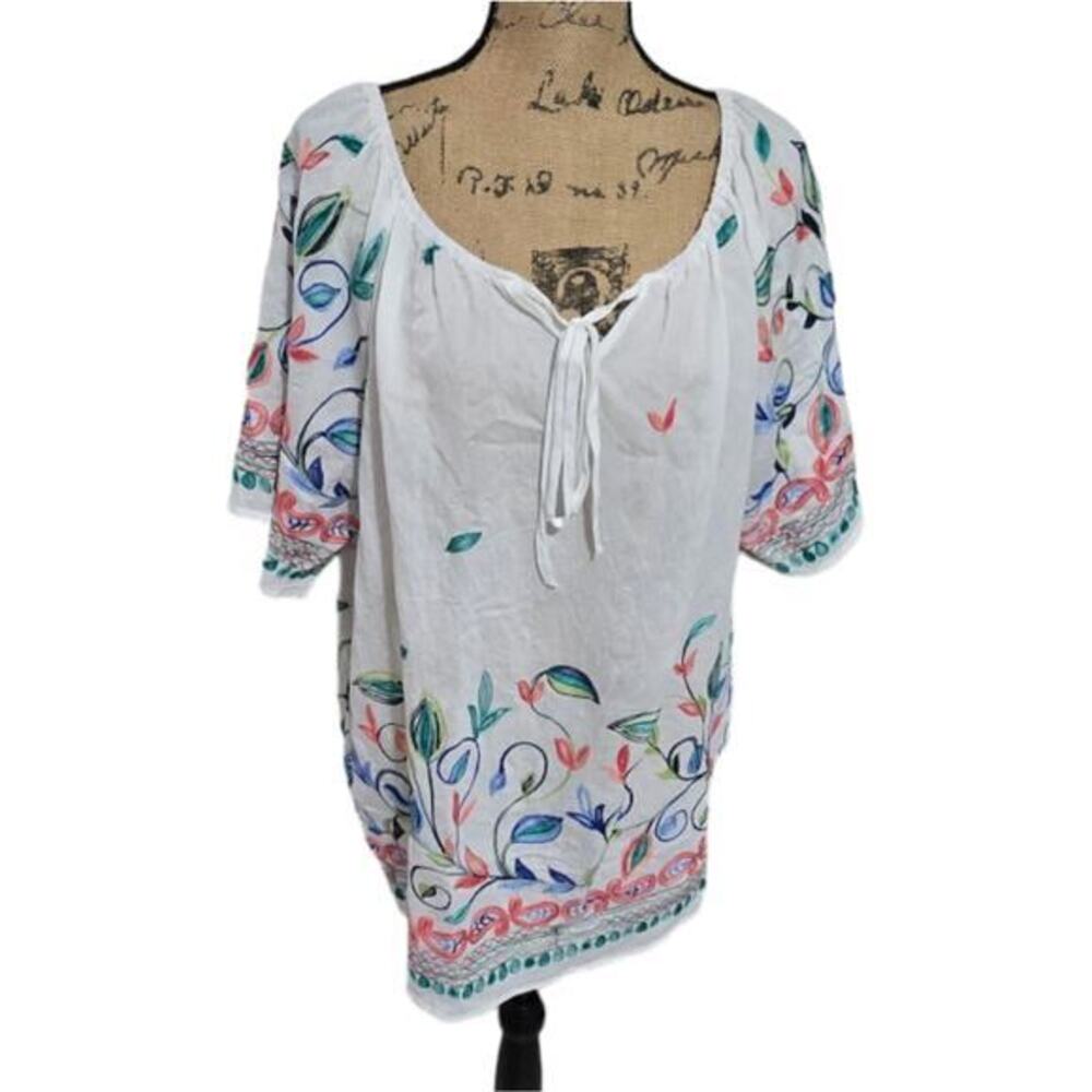 Anthropologie x‎ Kindred Pink and Blue Floral Embroidered Boho Peasant Blouse